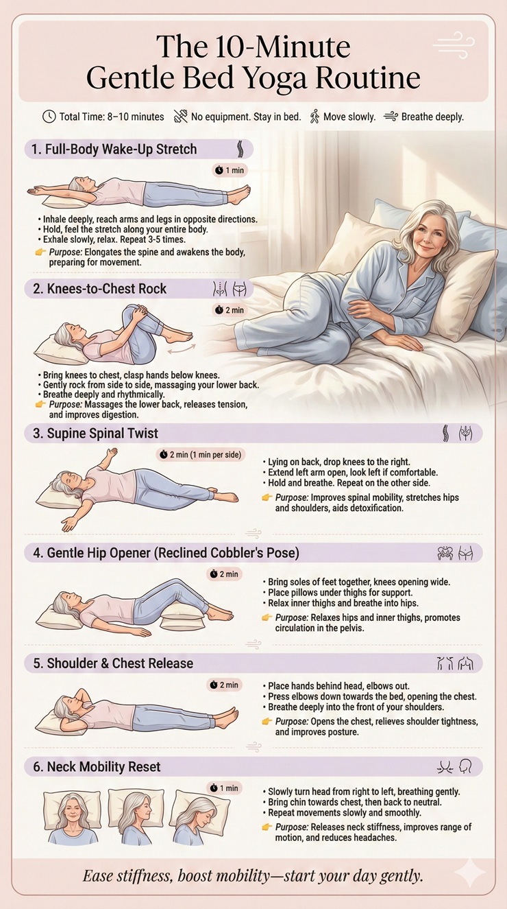 Infographic of 10-minute gentle bed yoga routine for menopause relief, showing 6 poses with targets, durations, and tips for mature women.