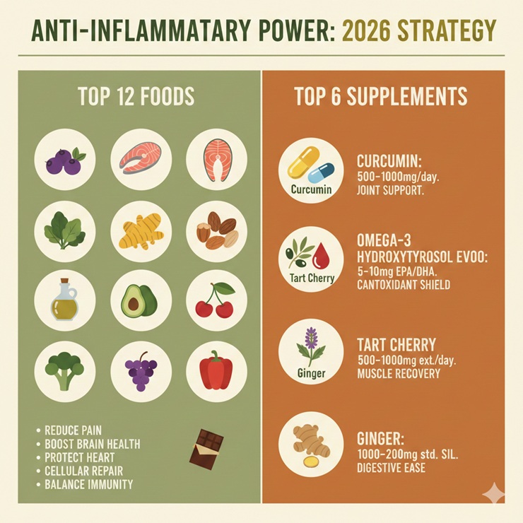 Comprehensive 2026 Anti-Inflammatory Master List infographic of top foods and supplements.