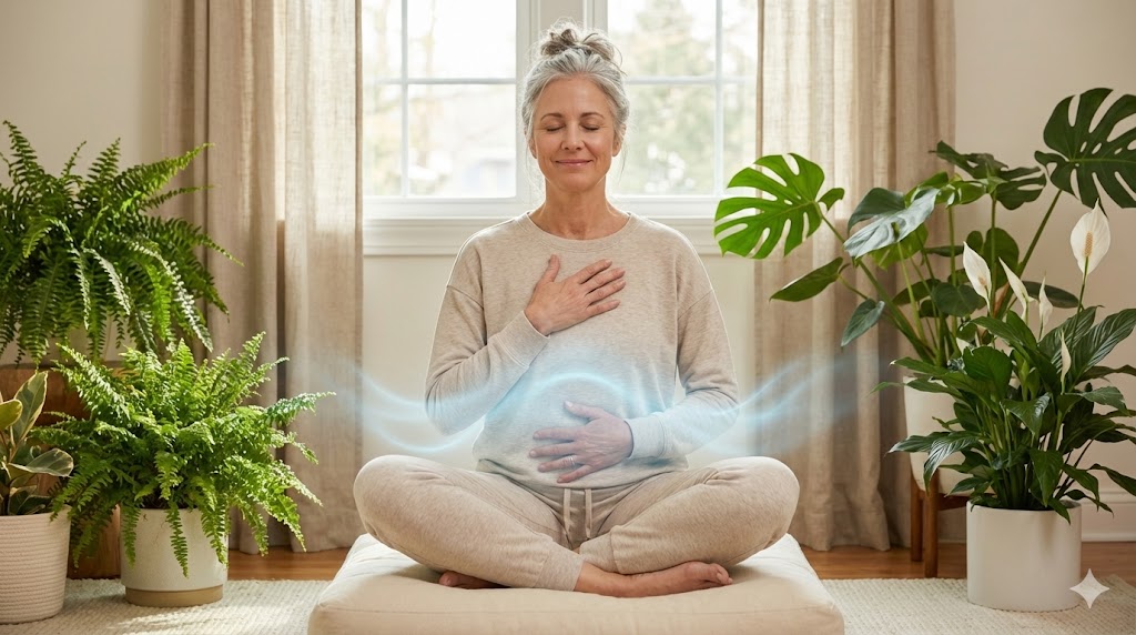 Mature Caucasian woman in her 50s practicing 4-7-8 breathing for vagus nerve calm and hormonal balance during perimenopause, seated comfortably with hand on belly