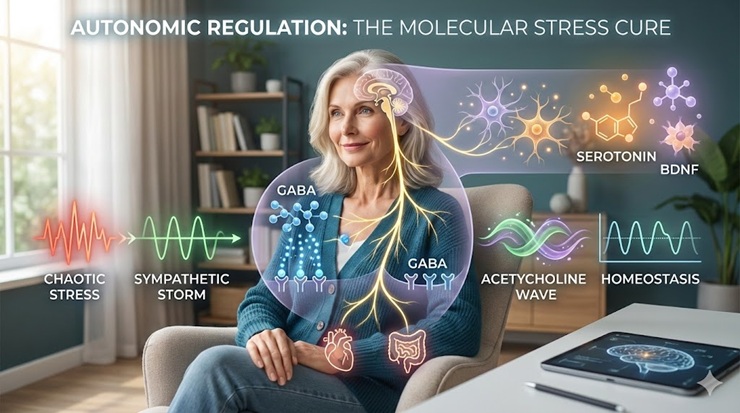 Molecular view of autonomic nervous system regulation in a white woman over 50, highlighting vagus nerve and neurotransmitter balance as stress cure.