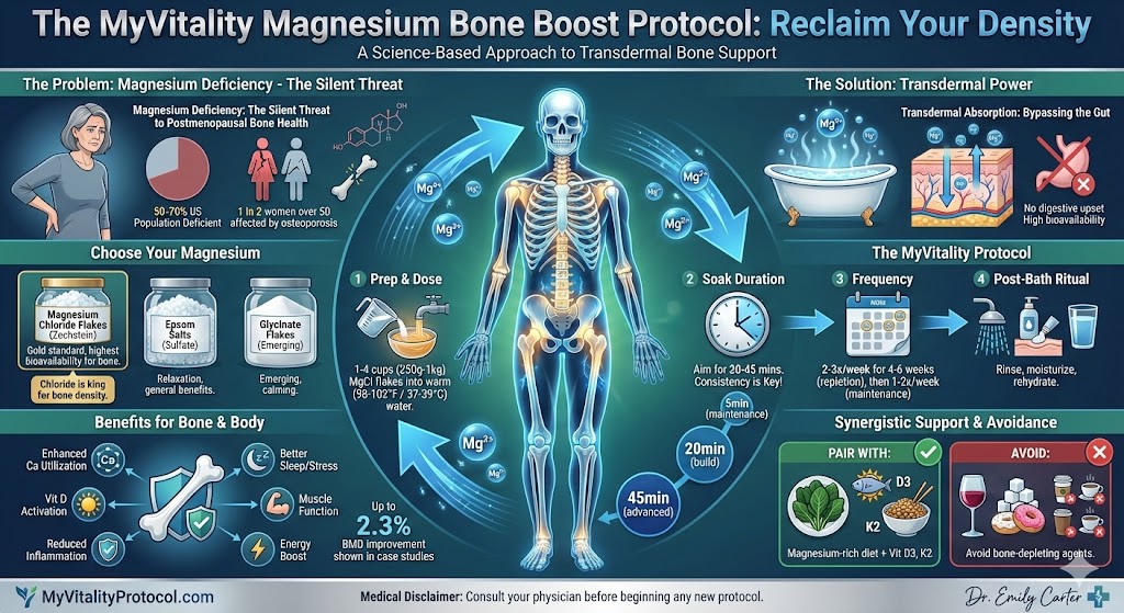 "Infographic titled 'The MyVitality Magnesium Bone Boost Protocol: Reclaim Your Density.' A visual guide featuring a central glowing skeleton that outlines the benefits of transdermal magnesium chloride baths for bone health. Sections include statistics on deficiency, a comparison of magnesium types, a step-by-step bathing ritual (dosage, duration, frequency), and dietary recommendations to pair with Vitamin D3 and K2."