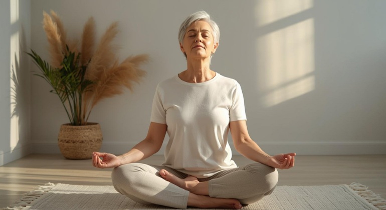 Mature white woman practicing breathwork in her 5-minute morning routine.