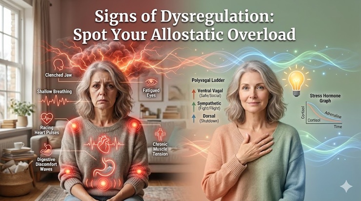 Mature white woman over 50 showing signs of nervous system dysregulation like fatigue and tension, with allostatic overload indicators fading to awareness.