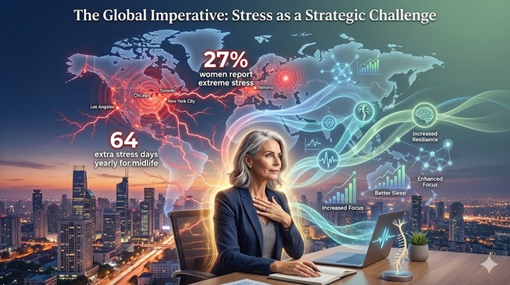 World map highlighting stress epidemic impact on women over 50, with strategic regulation path emerging for midlife empowerment.