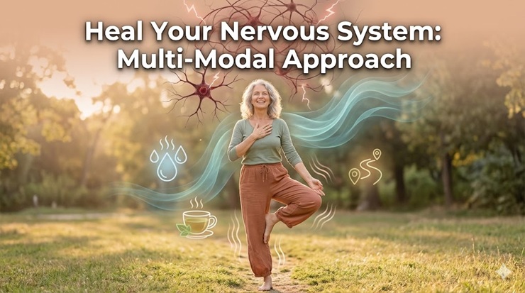 White American woman over 50 healing dysregulated nervous system through multi-modal practices like breathwork and nature immersion.