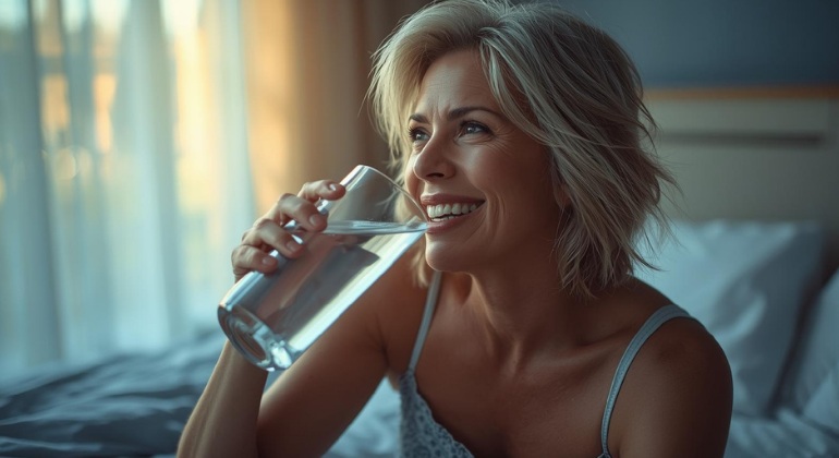White woman in 50s hydrating first thing in the morning to kickstart energy.