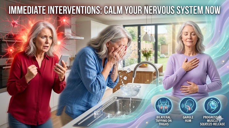 White American woman over 50 using immediate nervous system calming techniques like breathwork and cold exposure for rapid stress relief.