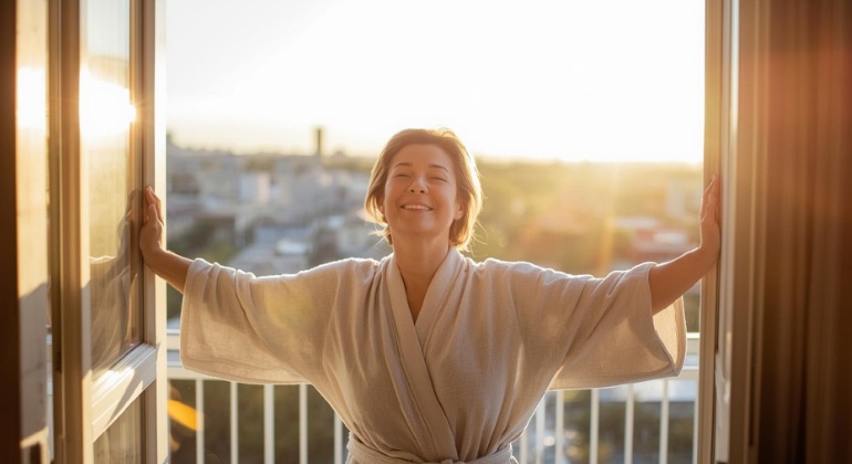 Woman in her 50s exposing herself to morning sunlight for natural energy boost.