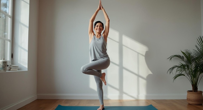 woman performing quick morning stretches for sustained energy.