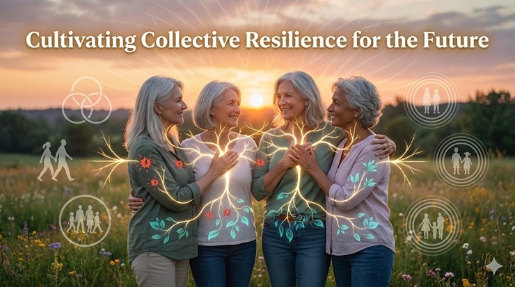 Conclusion: Cultivating Collective Resilience for the Future calls for an inspiring, forward-looking visual uniting midlife women in communal strength, with neural harmony waves connecting individuals to symbolize shared nervous system regulation for generational impact.