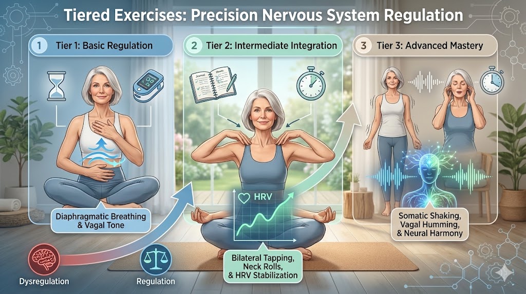 Tiered protocol exercises for nervous system regulation featuring a white woman over 50 progressing from basic breathwork to advanced somatic practices.
