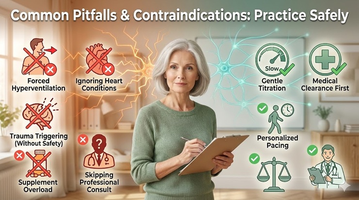 White American woman over 50 navigating common pitfalls and contraindications in nervous system regulation with warning icons and safe practice guidance.