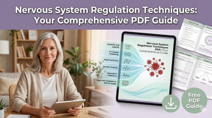 Comprehensive PDF guide on nervous system regulation techniques held by white American woman over 50, showcasing breathwork, tapping, and somatic exercises.