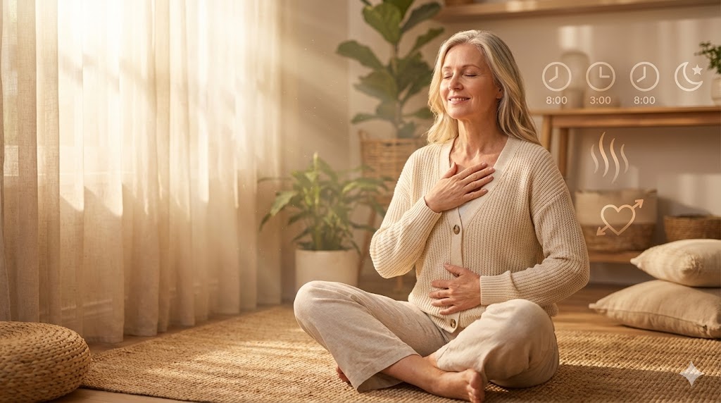 Mature woman in 50s practicing breathwork for vagus nerve calm during perimenopause, ideal times like morning or evening shown subtly in background clock icons representing cortisol stability, energy boost, and sleep support