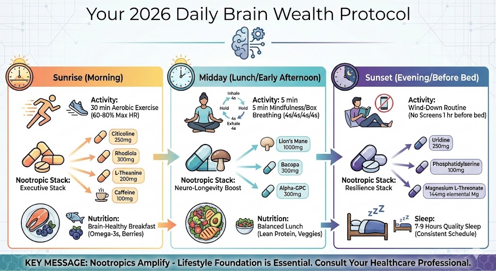 Infographic titled 'Your 2026 Daily Brain Wealth Protocol' illustrating a comprehensive cognitive optimization timeline. It details a morning 'Executive Stack' (Citicoline, Rhodiola, Caffeine), a midday 'Neuro-Longevity Boost' (Lion's Mane, Bacopa), and an evening 'Resilience Stack' (Magnesium L-Threonate) integrated with aerobic exercise, anti-inflammatory nutrition, and sleep hygiene protocols.