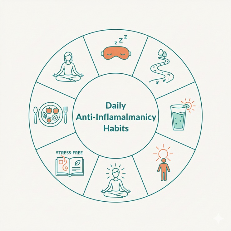 Icons for daily anti-inflammatory habits like exercise and sleep.