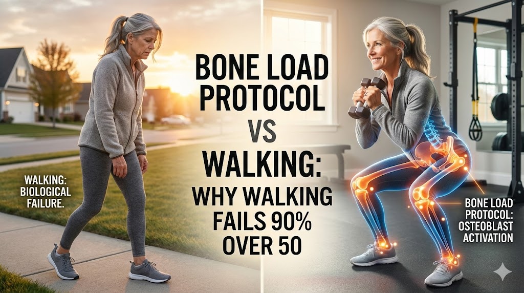Elegant 55-year-old Caucasian woman over 50 comparing failed walking to powerful bone-loading squat for bone remodeling, vitality protocol concept.