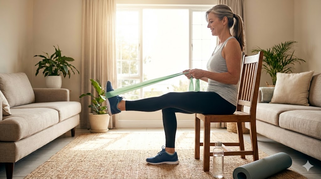 Mature woman in 50s performing 5-minute beginner bone load protocol exercise at home for osteoporosis prevention