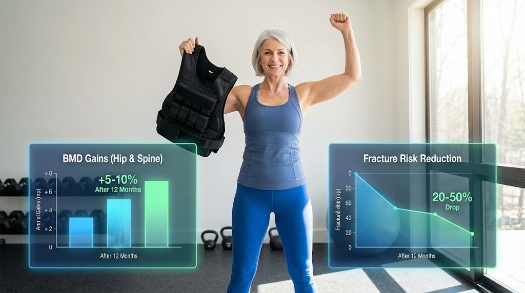Mature American woman in 50s celebrating improved bone mineral density from Bone Load Protocol, with clinical charts showing BMD gains and reduced fracture risk