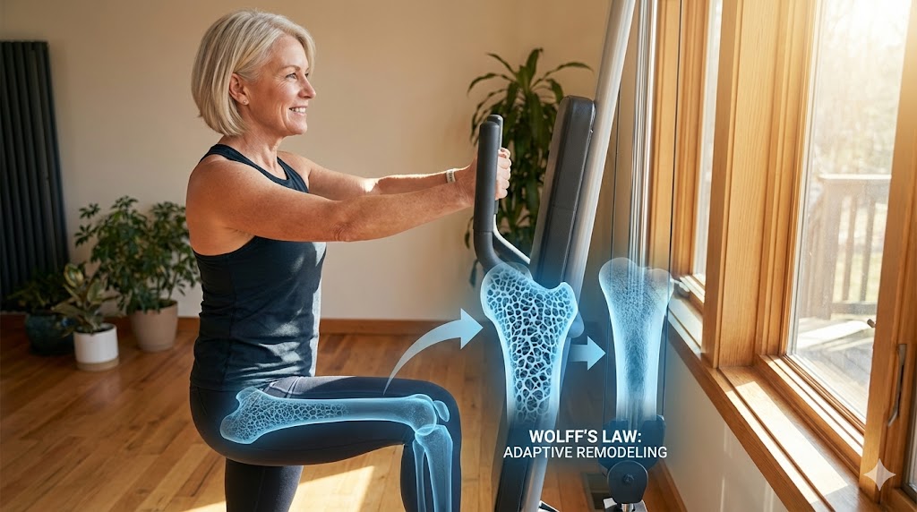 Mature American woman in her 50s performing bone load protocol exercise, illustrating Wolff's Law osteogenesis for stronger bones