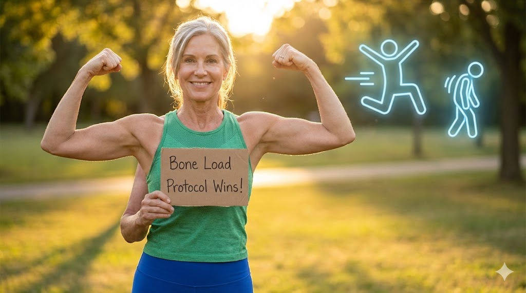 Empowered 50s woman celebrating strong bones with Bone Load Protocol success over walking