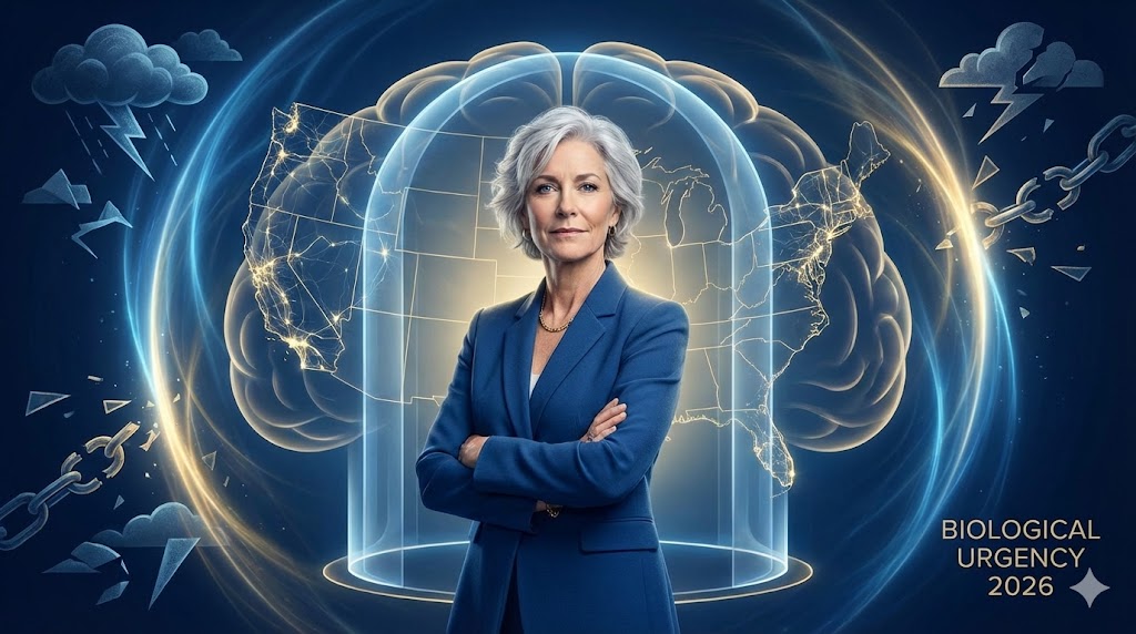 American woman in 50s visualizing brain wealth as cognitive geopolitical imperative