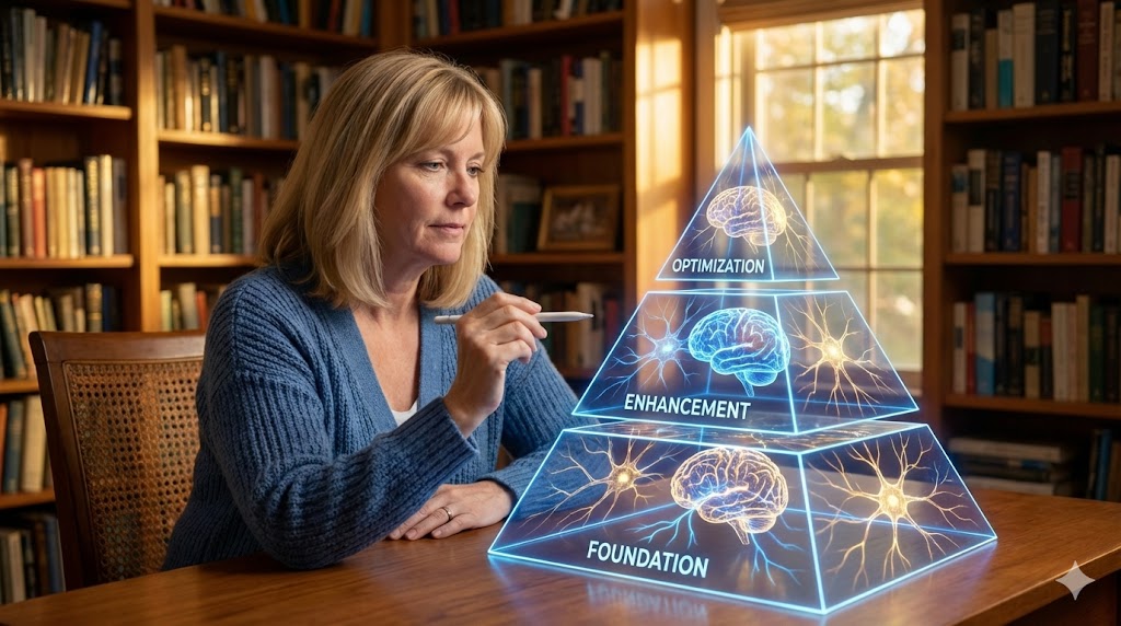 White American woman in 50s understanding brain wealth via multi-tiered nootropic stack