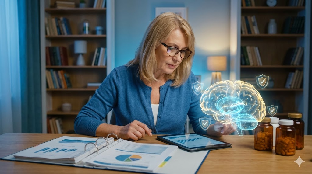 White American woman in 50s understanding brain wealth through safe nootropic dosages