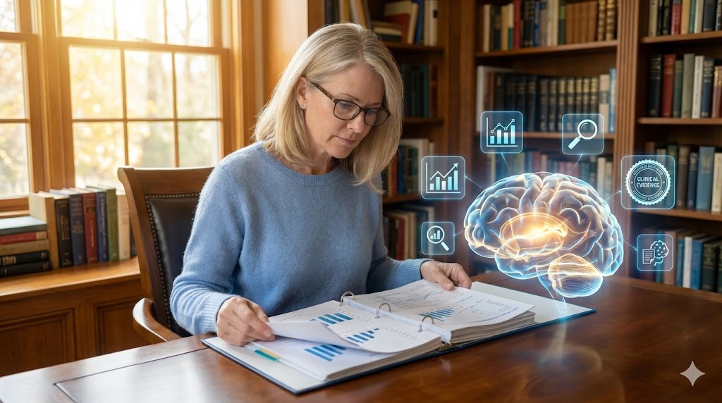 White American woman in 50s exploring brain wealth through clinical nootropic evidence
