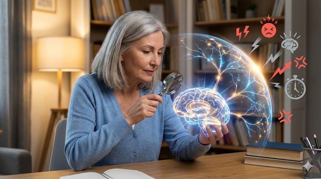 White American woman in 50s understanding brain wealth through nootropic resilience mechanisms