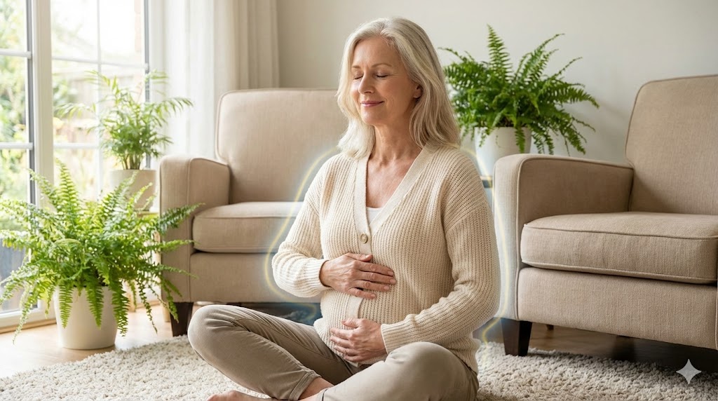 Mature American woman in her 50s practicing deep breathwork for vagus nerve stimulation and perimenopause stress relief, soft serene lighting