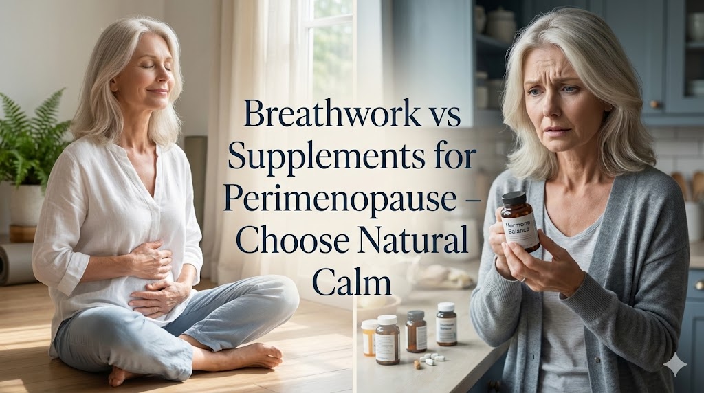 Elegant 50s American woman practicing breathwork versus supplements for perimenopause symptom relief, natural calm vs pills