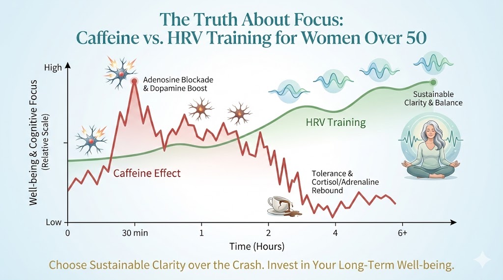 Scientific graph showing caffeine's short-term brain alertness spike followed by focus crash in women over 50, compared to steady HRV training benefits.