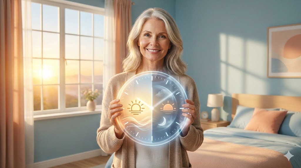 Mature Caucasian woman in her 50s viewing a symbolic circadian clock showing normal vs. age-shifted rhythms for better sleep, morning sunlight theme.