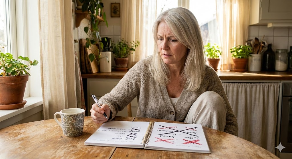 Midlife woman in cozy home reflecting on gratitude journal mistakes like shallow entries and inconsistency, symbolizing ineffective practices for fatigue relief.