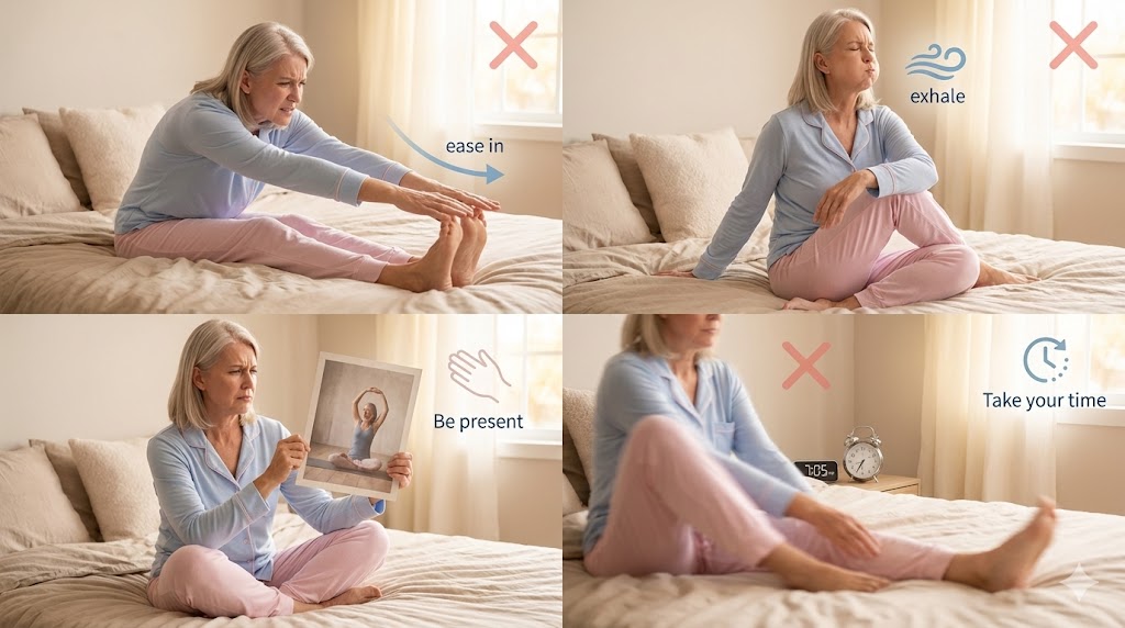 Mature American woman in her 50s demonstrating common bed yoga mistakes like forcing stretches and holding breath, with gentle corrections for menopause mobility.