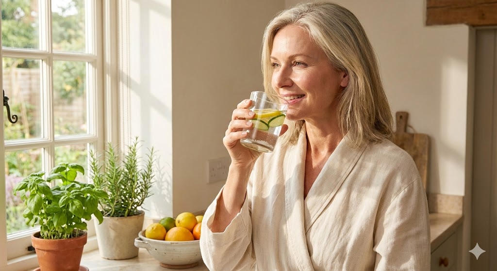 Elegant 50s woman sipping electrolyte water at sunrise for daily energy boost