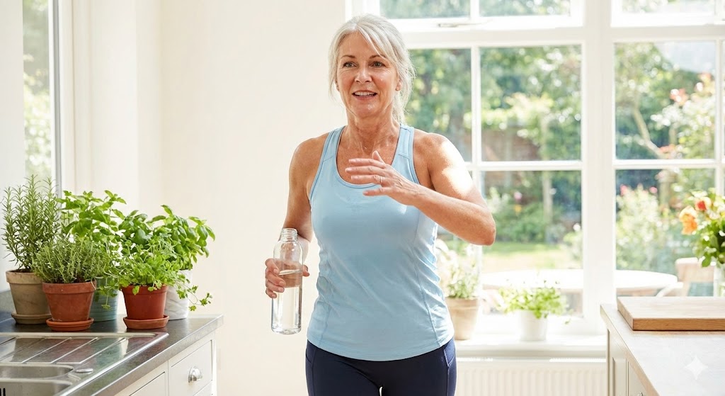 Empowered mature woman in 50s experiencing hydration benefits: endurance, sharp mind, balance, and vitality
