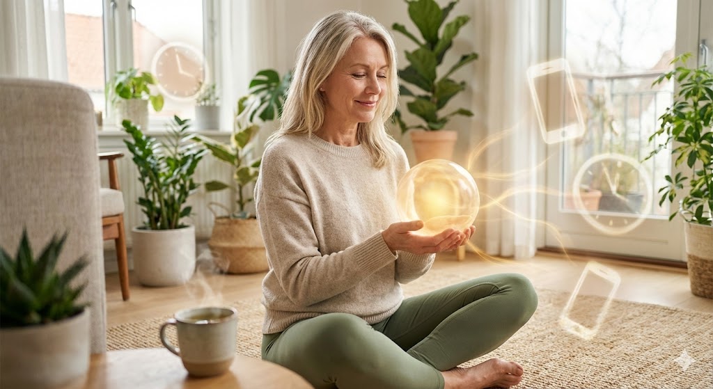 Serene mature American woman in her 50s preserving energy through mindful practice, soft glow symbolizing vitality for women over 50.