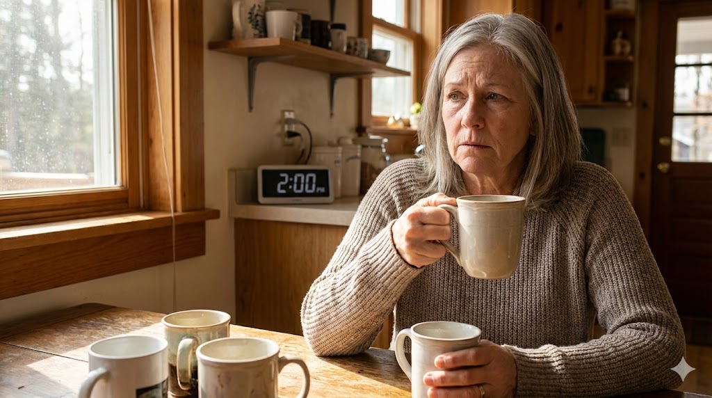 Mature American woman in her 50s looking anxious from afternoon coffee, avoiding excessive caffeine for better energy after midday.