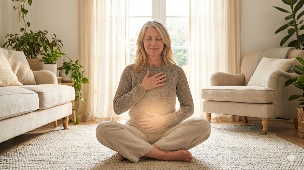 Mature white woman in 50s doing diaphragmatic breathwork for vagus nerve calm during perimenopause, soft lighting, peaceful home setting