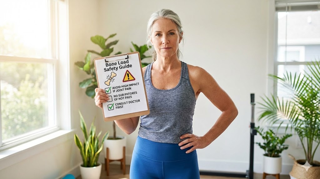 Mature American woman in her 50s pausing thoughtfully during bone-loading exercise, reviewing safety checklist to avoid pitfalls in skeletal health journey