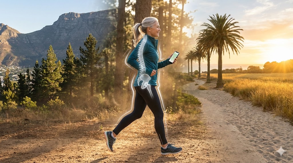 Confident American woman in her 50s walking outdoors in a US regional landscape, symbolizing geo-optimized bone loading strategies for postmenopausal vitality.