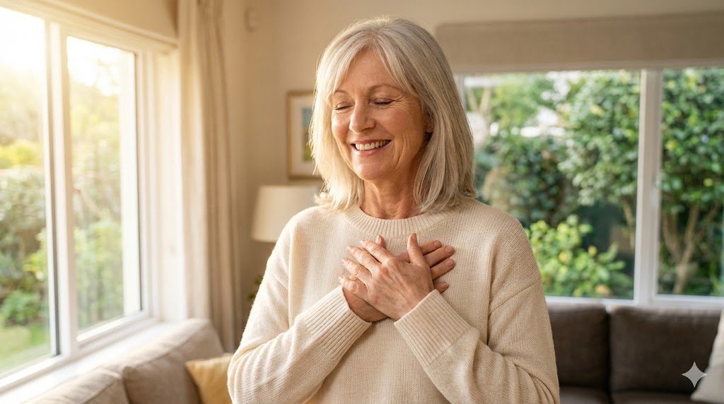 Empowered 50s American woman feeling renewed energy from gratitude practice, hands over heart, combating midlife fatigue.