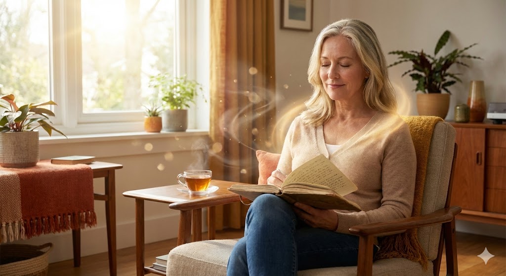 Serene midlife woman embodying gratitude over positive thinking, surrounded by warm natural light in a peaceful home setting.