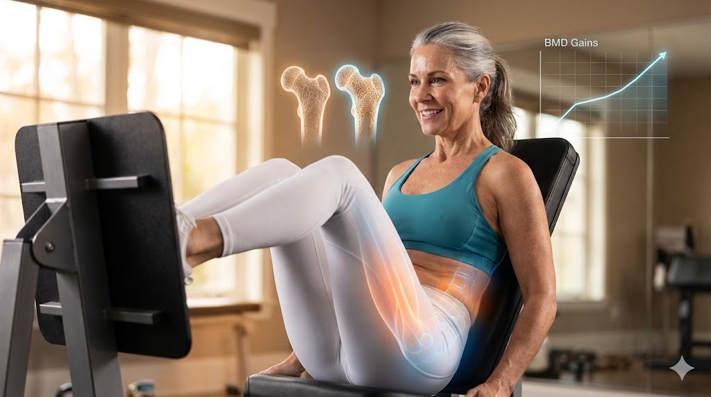 Empowered 50s woman performing maximal osteogenic loading exercise for strong bones, featured image for bone load protocol benefits