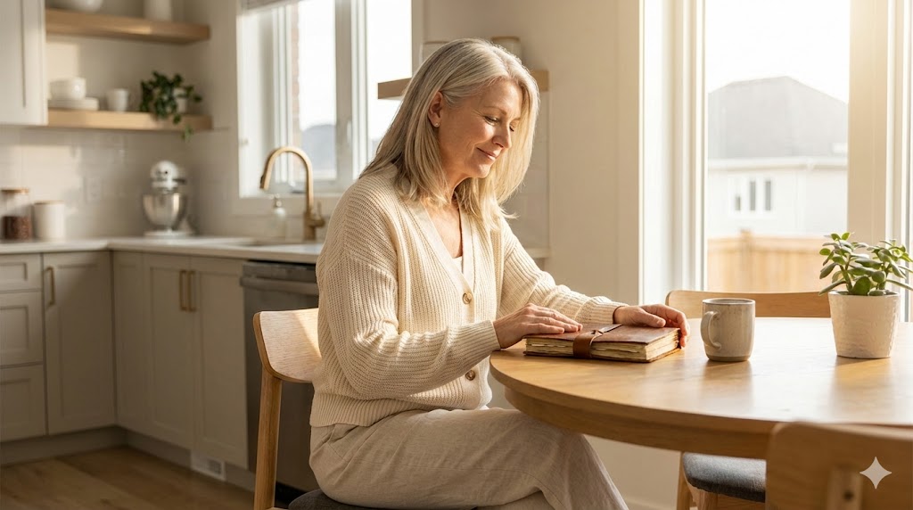 Mature woman in her 50s feeling renewed energy from gratitude practice, sitting thoughtfully with a journal in a cozy home setting.