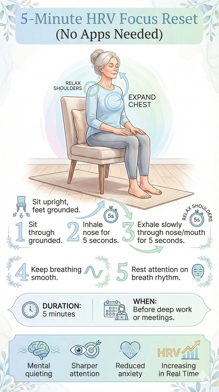 Infographic showing step-by-step 5-minute HRV breathing reset for women over 50: sit upright, inhale 5 seconds, exhale 5 seconds, with benefits like mental quieting and sharper focus.