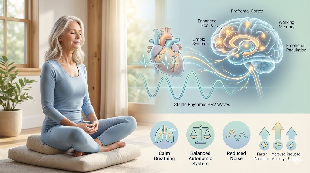 Scientific diagram illustrating HRV training's link to high focus states in women over 50, showing calm breathing, stable heart rhythm, and brain benefits like faster processing.