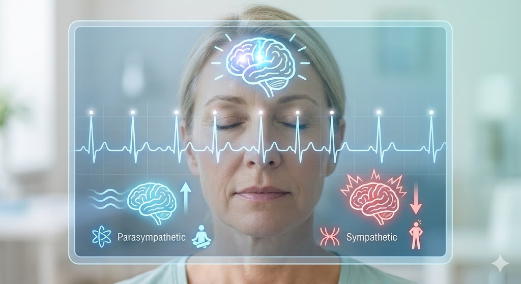 Scientific diagram illustrating HRV measurement, heartbeat intervals, and focus benefits for women over 50.